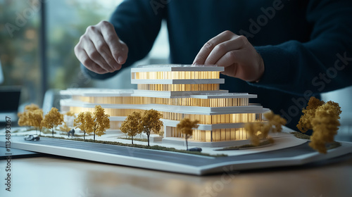 Real estate development. businessman or architect showing new business office complex scale model, maket complex