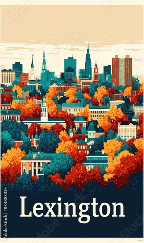 Vintage portrayal of Lexington city infused with autumn colors and a retro vibe showcasing urban architecture and nature photo