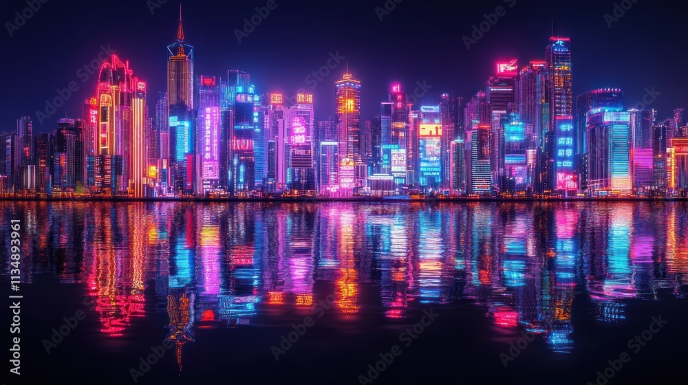 Neon Cityscape Reflection: A vibrant digital art of a futuristic city at night, reflecting beautifully on calm waters. Neon Cityscape Reflection: A vibrant digital art of a futuristic city at night, reflecting beautifully on calm waters.