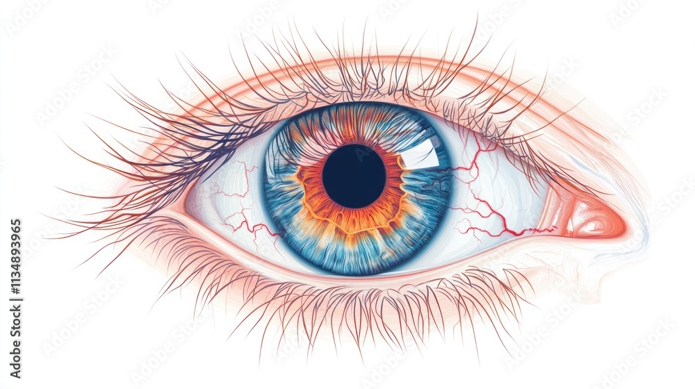 Human eye with bright, colorful iris and fine veins, isolated on a white background for high contrast. Human eye with bright, colorful iris and fine veins, isolated on a white background for high contrast.