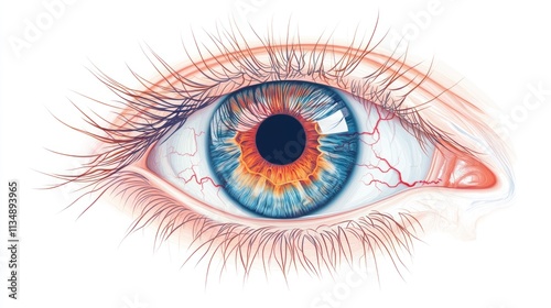 Human eye with bright, colorful iris and fine veins, isolated on a white background for high contrast.