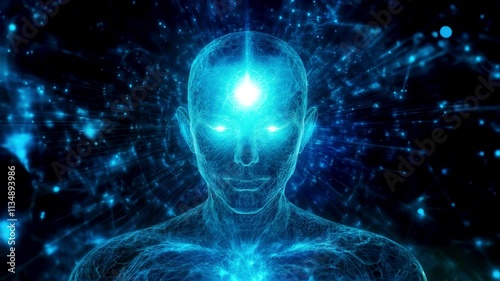 Enlightened digital being with radiant third eye glowing in blue energy amidst a network of interconnected light and cosmic patterns