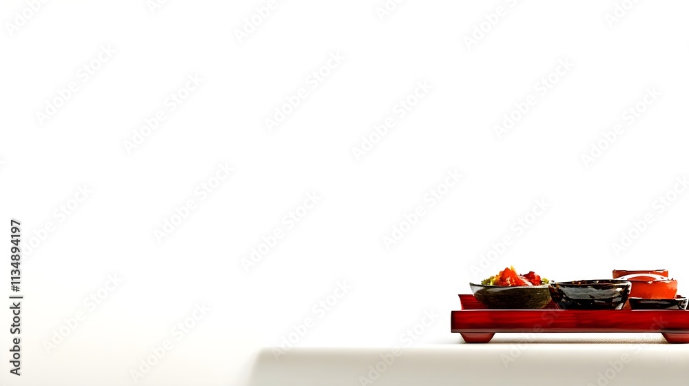 Seasonal Japanese Kaiseki Cuisine on Red Tray Isolated on White Background