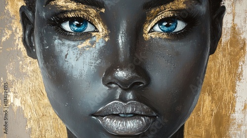 Striking close-up digital painting of a woman with blue eyes, bold makeup, and gold accents on her skin. The contrast between dark tones and metallic highlights creates a captivating and powerful