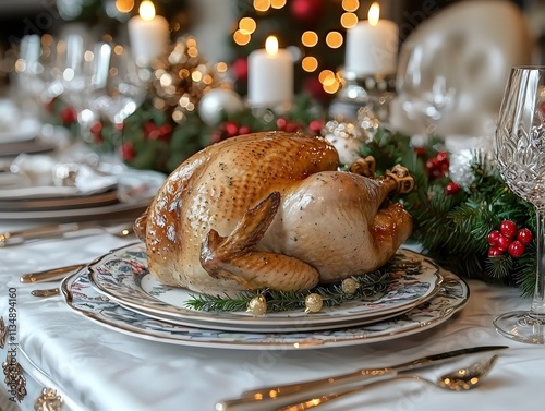 A beautifully decorated Christmas table with a golden-brown turkey presented on an elegant platter surrounded by candles and glasses of wine against warm bokeh lights in the background. photo