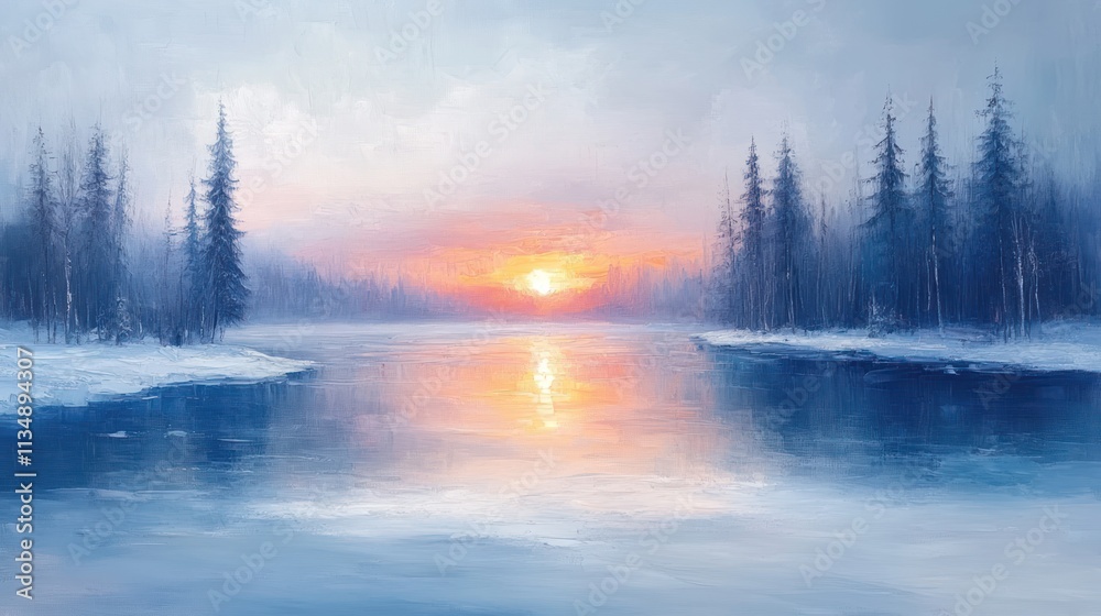 Fototapeta premium Serene Winter Sunset over Frozen Lake and Snow-Covered Pines