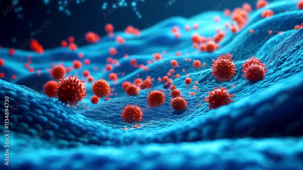 Microscopic visualization of red viruses traveling across a dynamic blue cellular surface in a scientific biological environment