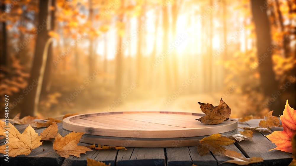 Autumn Background with Wooden Table and Autumn Leaves in a Sunset Forest for Product Display