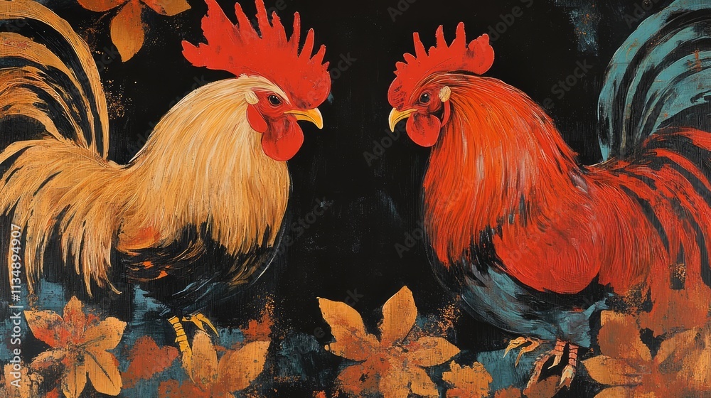 Fototapeta premium vibrant closeup of two colorful cockerels with striking feathers set against a dark background and floral elements in a market scene