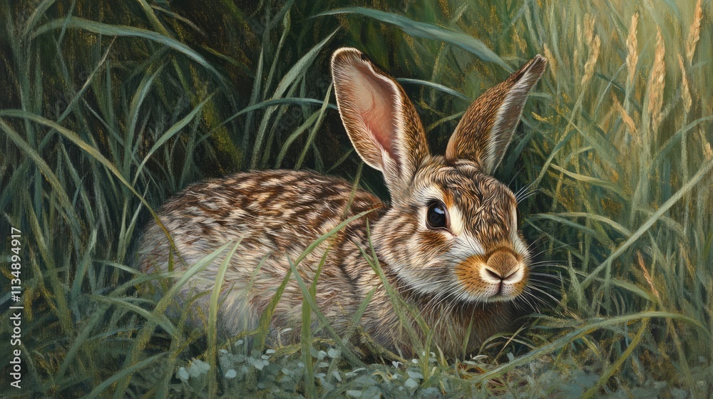 Obraz premium Eastern cottontail rabbit camouflaged in lush green grass in a natural habitat setting
