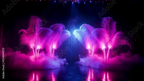 Luminous pink and purple feather plumes with glowing lights and atmospheric smoke framing a dramatic burlesque stage with elegant velvet curtains and opulent design