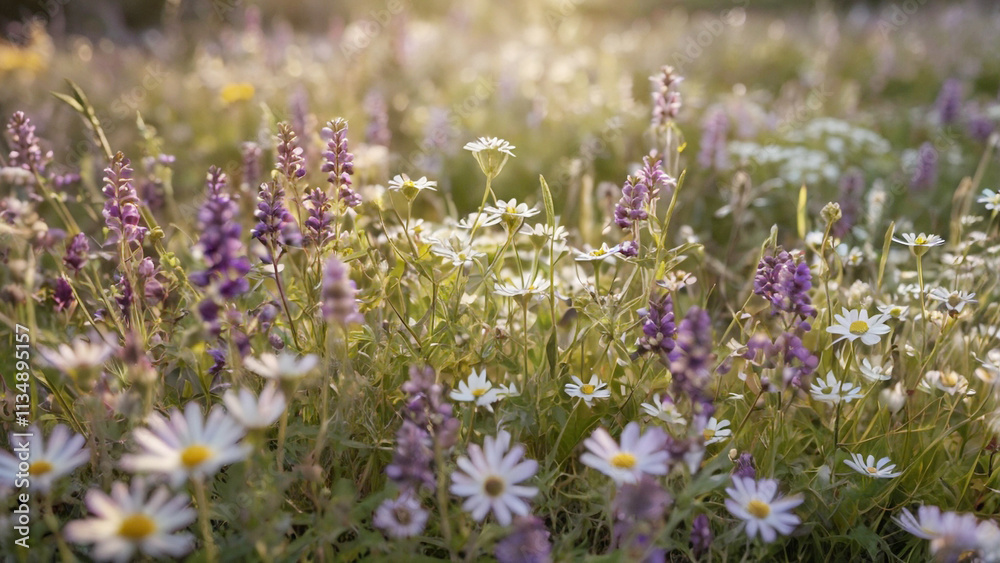 Obraz premium A close-up of a wildflower meadow with small delicate flowers in shades of purple, white, and yellow. 