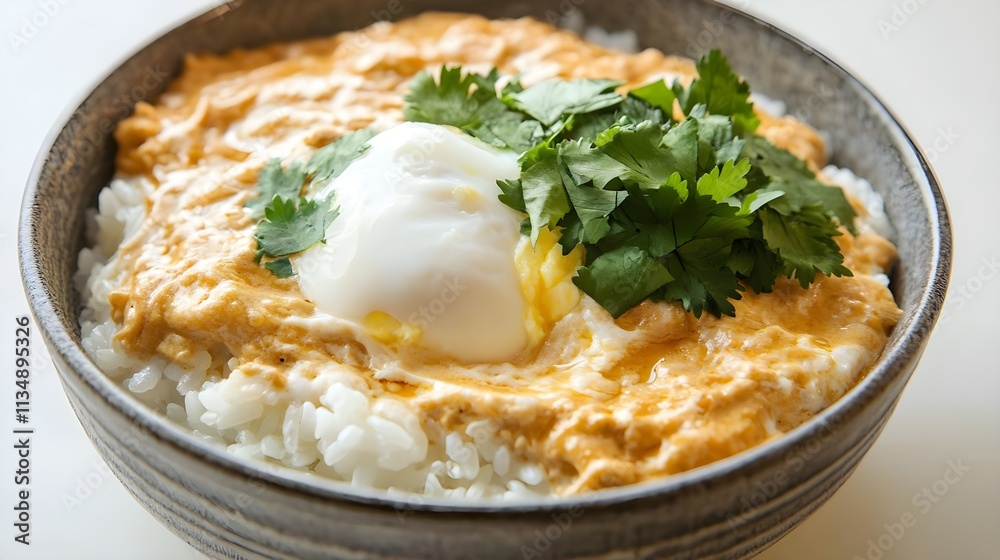 Oyakodon Chicken and Egg Rice Bowl with Cilantro Isolated on White Oyakodon Chicken and Egg Rice Bowl with Cilantro Isolated on White