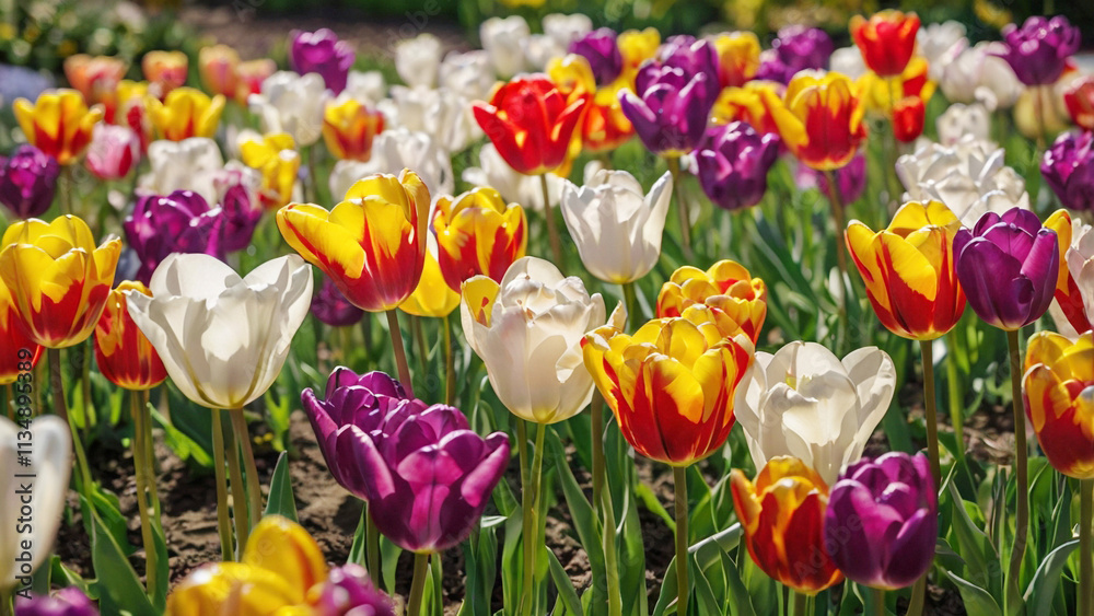 A vibrant garden filled with blooming tulips in various colors: red, yellow, purple, and white. The flowers should be arranged in a natural, slightly chaotic way with sunlight illuminating the scene. A vibrant garden filled with blooming tulips in various colors: red, yellow, purple, and white. The flowers should be arranged in a natural, slightly chaotic way with sunlight illuminating the scene.