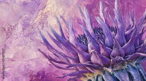 Vibrant thistle flower head with exquisite detail set against a dreamy pink and purple background showcasing nature's beauty.
