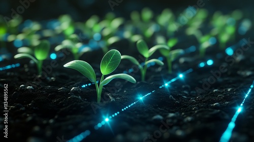 A photo of small plants growing in dark, rich soil. The ground should be crisscrossed with glowing neon-blue lines resembling a digital network or energy grid, with a futuristic technological vibe.