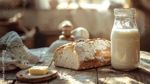 Natural light fills a rustic kitchen where a loaf of freshly baked bread rests beside a jar of cold milk and a slice of butter on a wooden table, evoking warmth photo