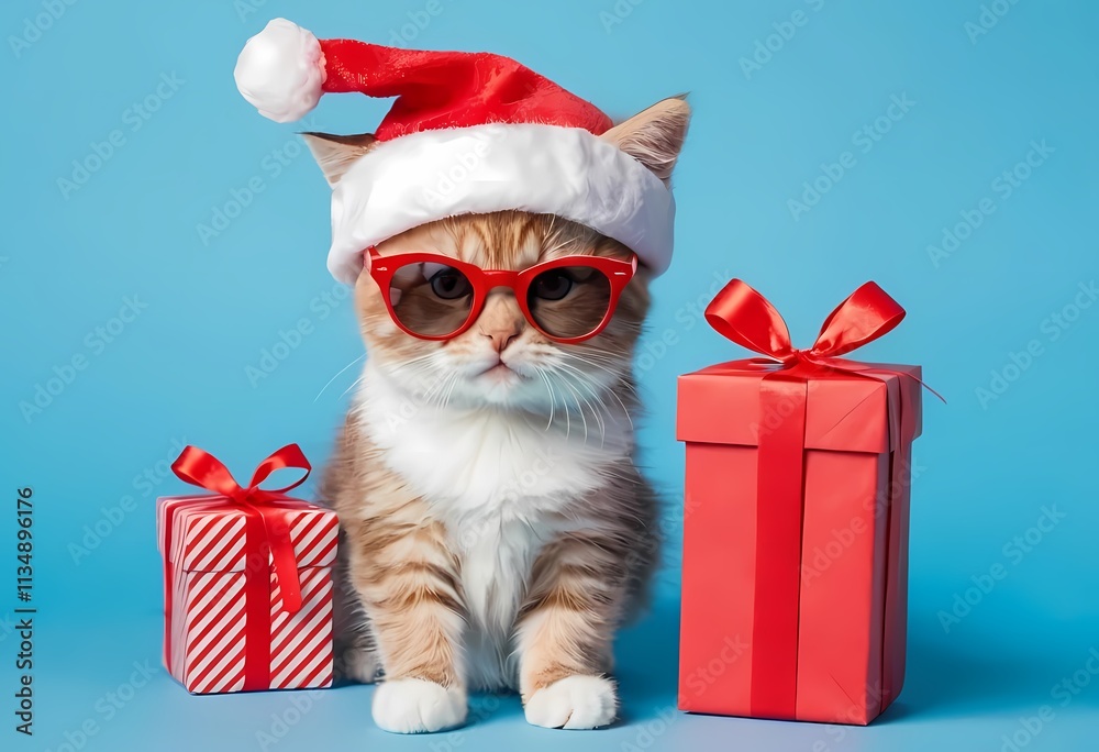 Concept with cool Christmas cat wearing Santa hat and holding gift bag Concept with cool Christmas cat wearing Santa hat and holding gift bag