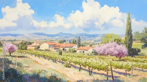 Vibrant Spring Landscape with Blooming Vineyards and Rolling Hills Under a Bright Blue Sky photo