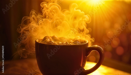 A steaming cup of coffee sits on a table, bathed in the warm glow of morning sunlight.