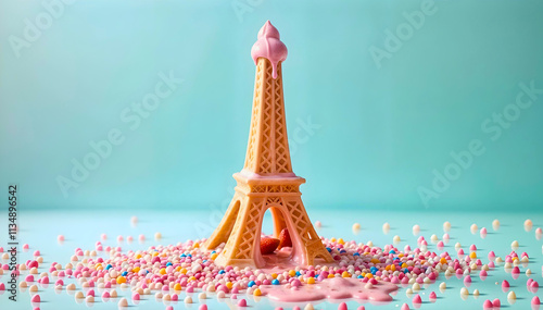 A whimsical Eiffel Tower made of pastry, melting into a pool of colorful sprinkles.