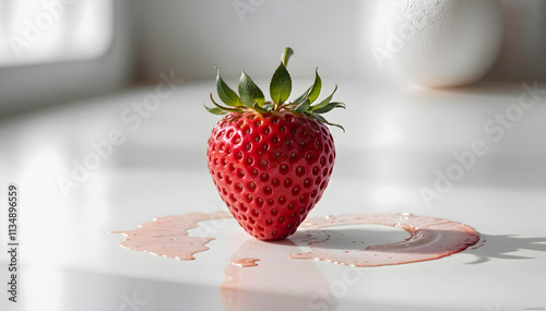 A juicy red strawberry with a green stem, dripping onto a white surface.
