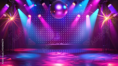 A concert stage of the 70s disco era with a shimmering disco ball and neon lights.