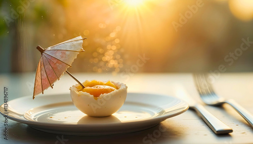 A creative breakfast presentation with a sunny-side-up egg topped with a tiny umbrella.