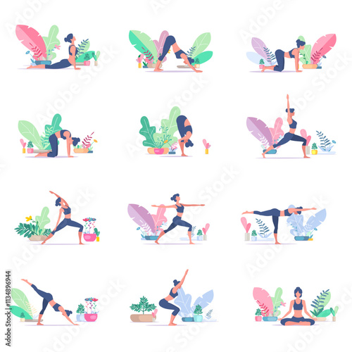 Yoga poses feamale figures and flowers vector design