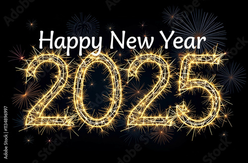 Happy New Year 2025 lettering design, holiday celebration fireworks