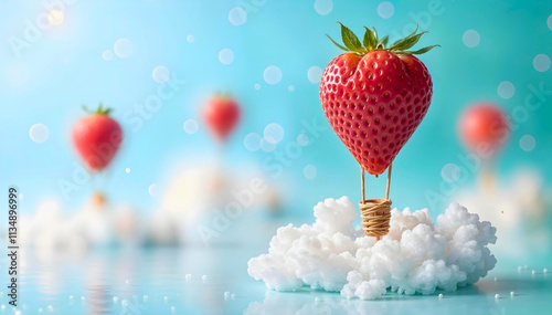 A whimsical scene of a strawberry hot air balloon floating above a cloud.