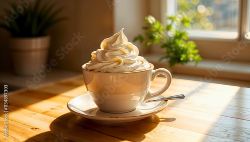 A cup of creamy, frothy coffee, ready to be enjoyed on a sunny day.