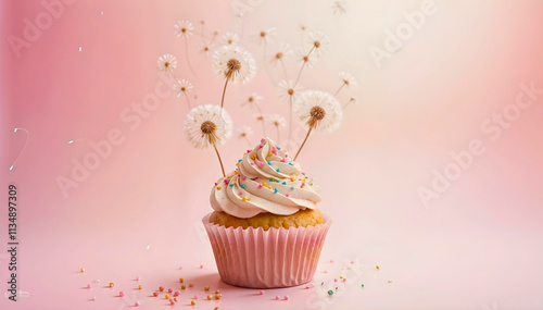 A whimsical cupcake topped with dandelions, ready to make a wish.