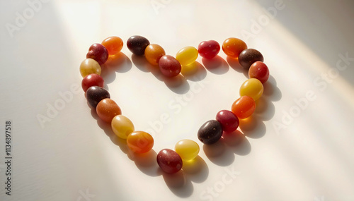A heart-shaped arrangement of colorful grape tomatoes, bathed in warm sunlight.