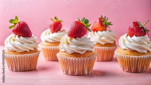 Delicious cupcakes with strawberries and cream on a pink background, cupcakes, delicious, strawberries, cream, pink