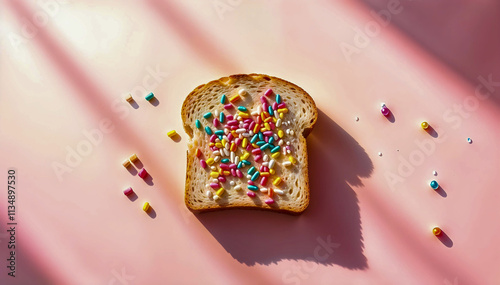 A slice of toast topped with colorful sprinkles, bathed in sunlight.