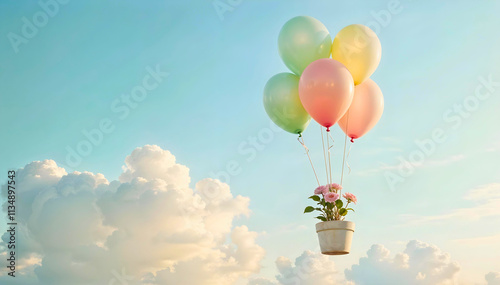 A pot of flowers tied to a cluster of colorful balloons, floating in the sky.