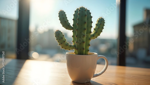 A small cactus plant in a white mug, bathed in warm sunlight