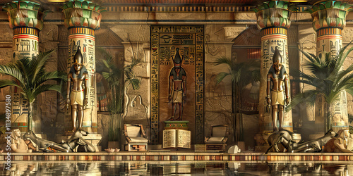 Digital Rendering of an Ancient Egyptian-Style Interior with Reflecting Pool photo