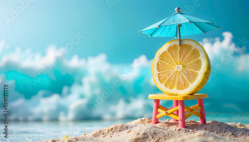 A slice of lemon with a tiny umbrella, enjoying the sun on a beach chair.