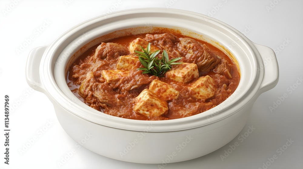 Spicy Korean Sundubu Jjigae with Tofu in a White Bowl Spicy Korean Sundubu Jjigae with Tofu in a White Bowl