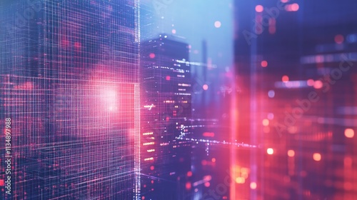 Wallpaper Mural Glowing polygonal mesh overlay on vibrant urban skyline representing smart city technology and double exposure concept. Torontodigital.ca