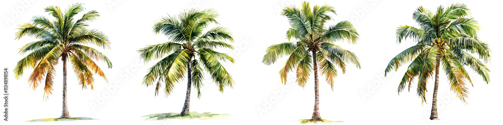 Four coconut palm trees with lush green fronds, showcasing varying heights and arrangements, emphasizing tropical aesthetics. Four coconut palm trees with lush green fronds, showcasing varying heights and arrangements, emphasizing tropical aesthetics.