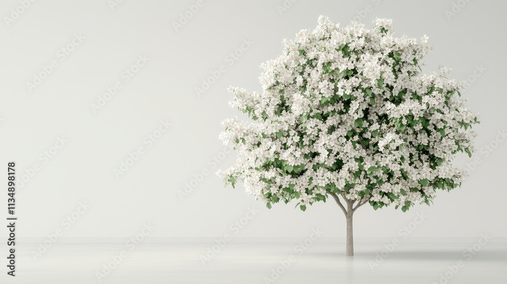 Obraz premium Beautiful blooming tree with white flowers in serene minimalist environment