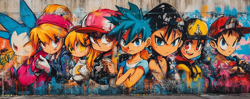 Fototapeta premium Vibrant graffiti wall with bold cartoon anime characters, colorful street art style, dynamic poses and graffiti lettering, urban aesthetic, energetic atmosphere