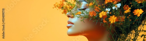 Abstract collage of a woman s face with flowers growing from her head, symbolizing mental flourishing and personal growth, naturalistic design, symbolic of psychological phenomena photo