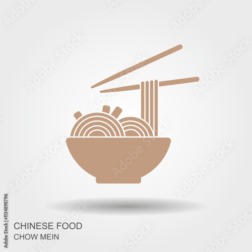 Bowl of chow mein noodles with chopsticks. Vector flat Illustration with shadow