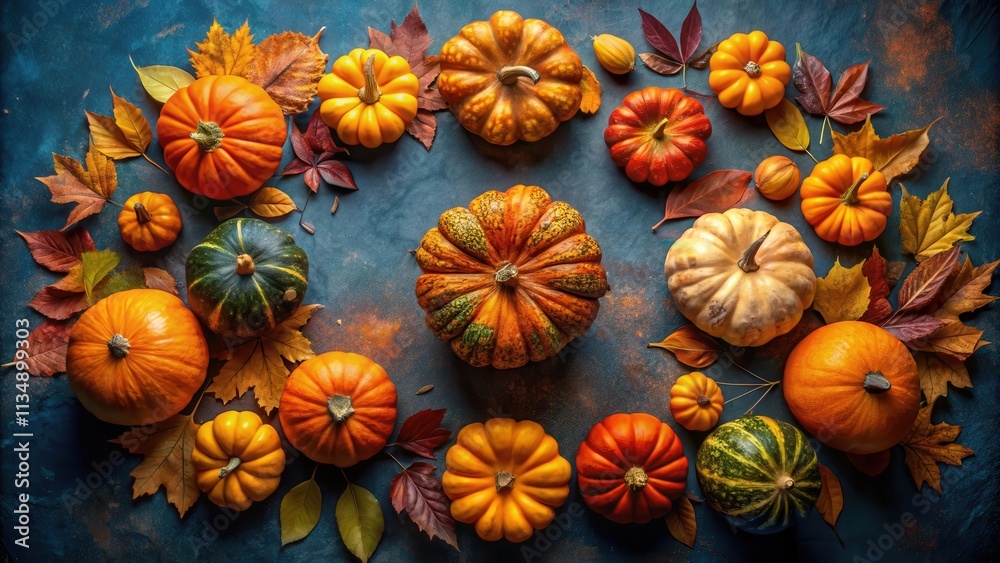 A vibrant autumnal display of pumpkins and colorful fall foliage arranged on a textured blue surface. A vibrant autumnal display of pumpkins and colorful fall foliage arranged on a textured blue surface.