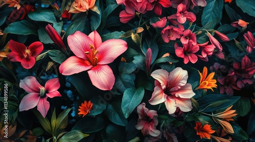 Vibrant Floral Composition with Assorted Bright Flowers and Lush Green Leaves in a Dark Background