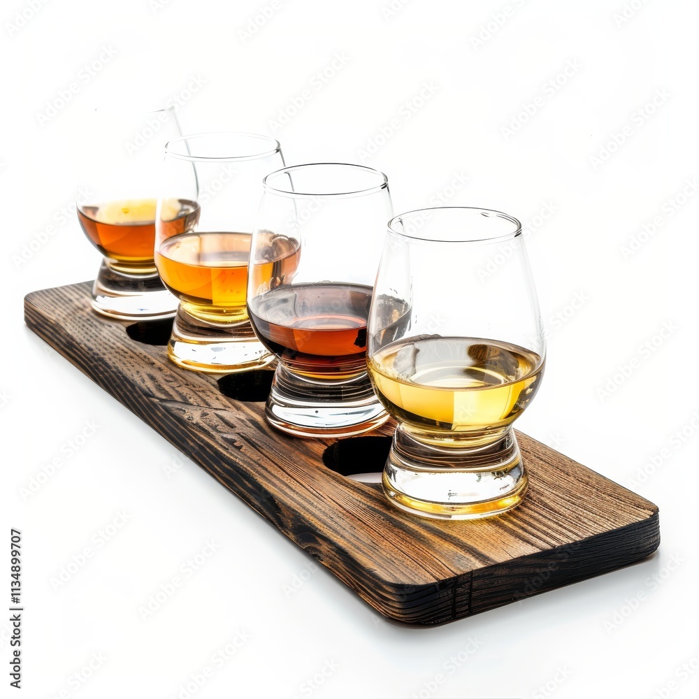 A luxurious scene of a whiskey tasting flight with glasses of various aged whiskeys on a dark wooden board, isolated white background, elegant art style A luxurious scene of a whiskey tasting flight with glasses of various aged whiskeys on a dark wooden board, isolated white background, elegant art style
